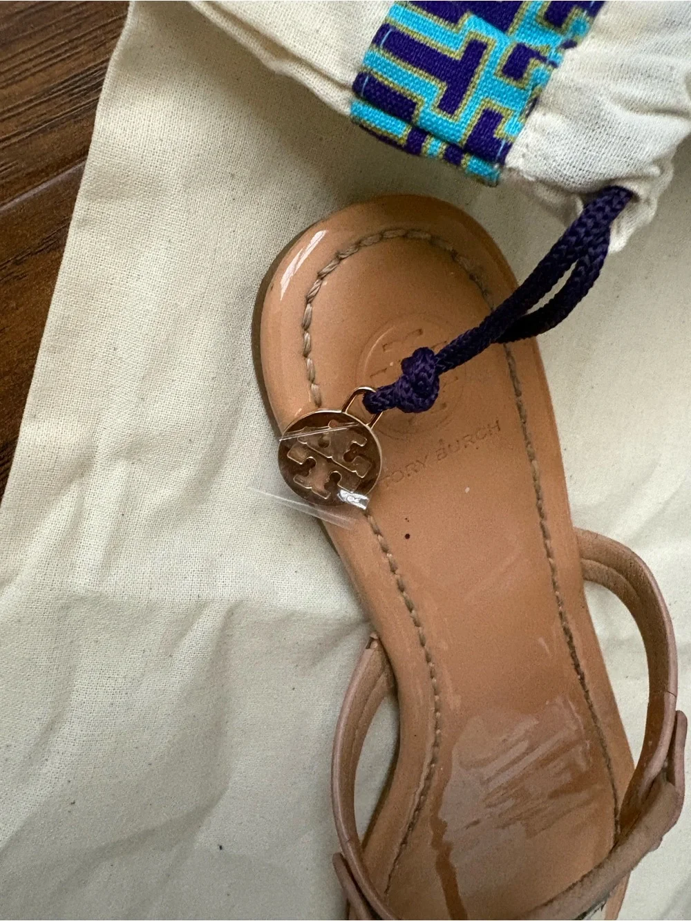 Tory Burch Nude Patent Leather Thong Sandals with Multicolor Logo with dust bag
